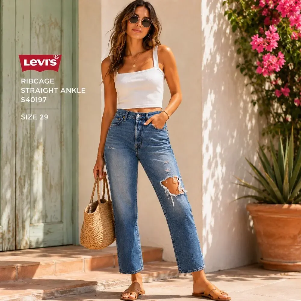 Levi's SZ 29 Premium Denim Ribcage Straight Ankle Distressed S40197